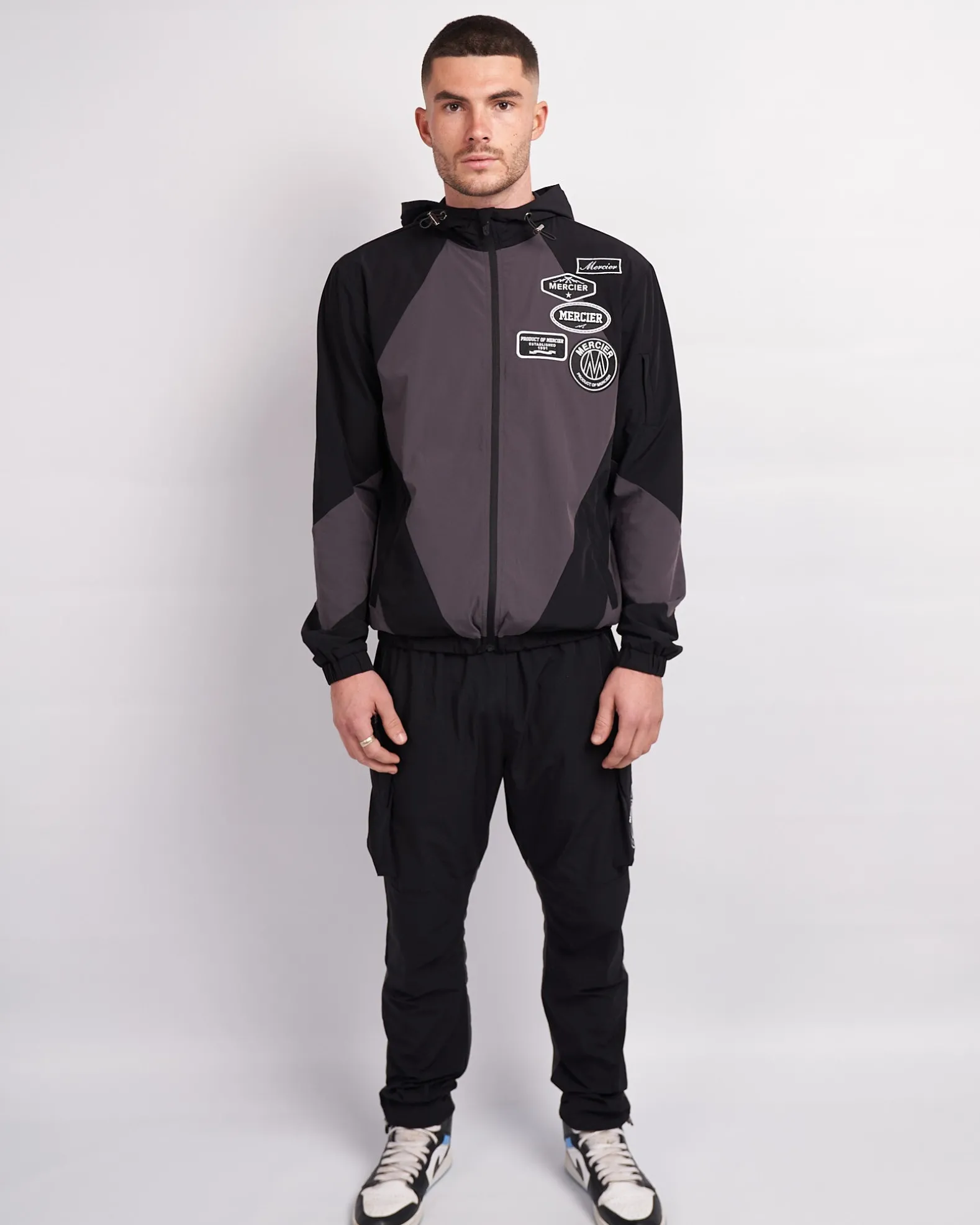 Black Grey Mono Badge Panelled Cargos