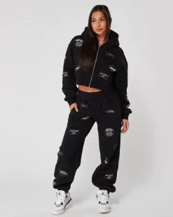 Womens Black Diamante Badge Joggers