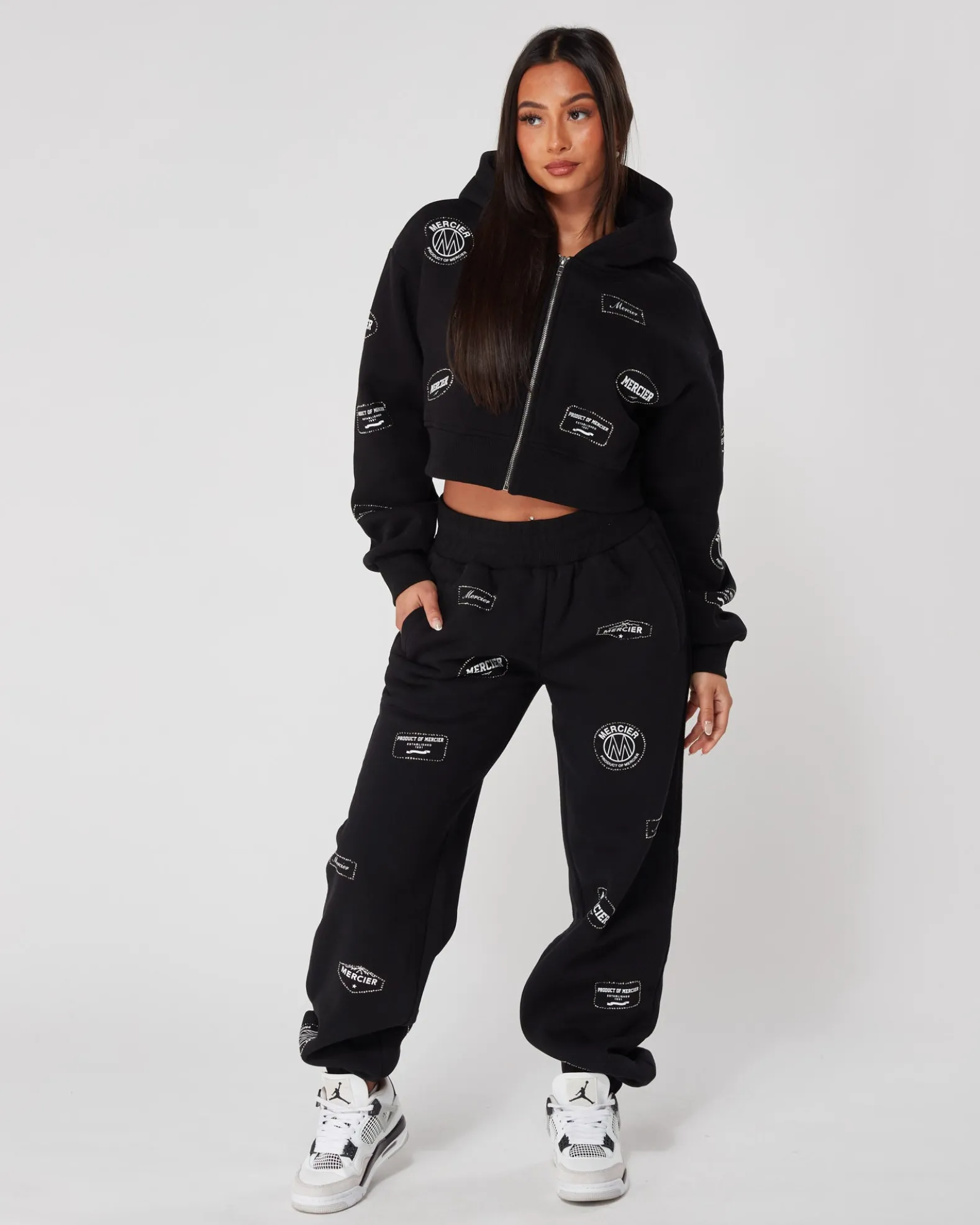 Womens Black Diamante Badge Zip Hood