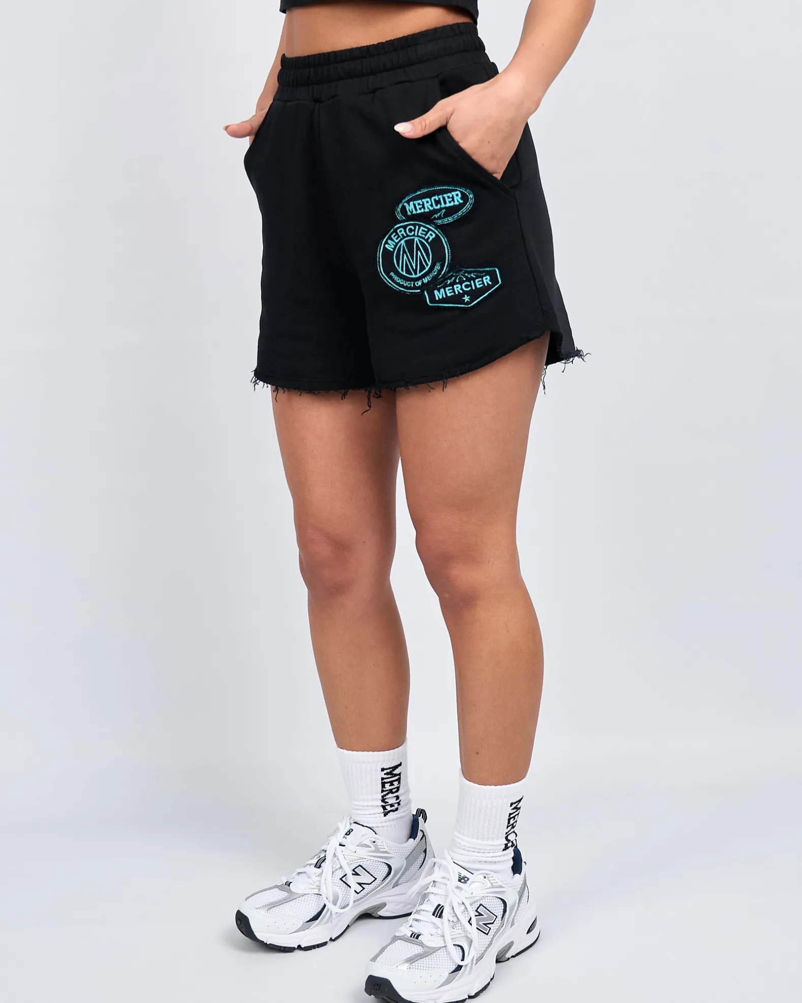 Womens Black Tiffany OG Badge Raw Edge Short