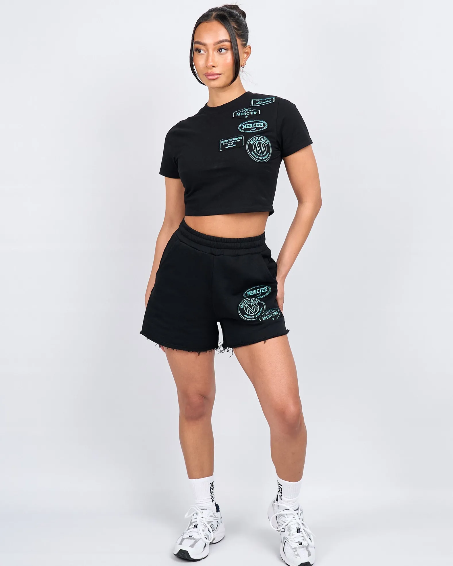 Womens Black Tiffany OG Badge Raw Edge Short